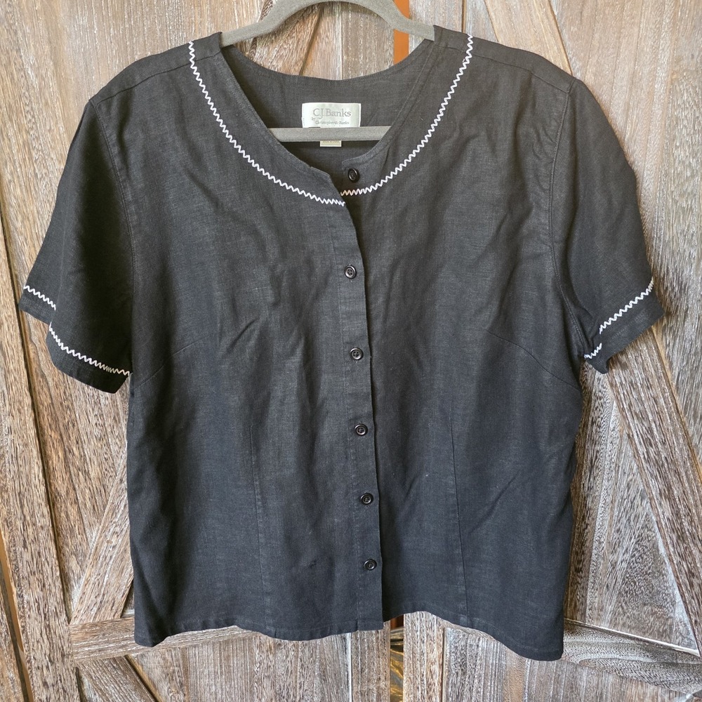 CJ Banks Shirt Women's Size 1X Black Short Sleeve Button Up Linen Rayon Blend - Picture 1 of 7